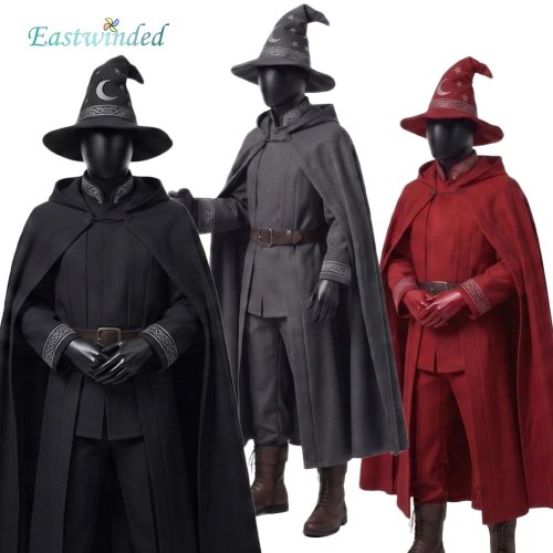 Herren Zauberer-Kostümset – Umhang und Hut, Cosplay/Halloween-Rollenspiel Outfit, Rot/Schwarz/Grau, Erwachsen