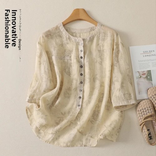 Damen Oversize Leinen‑Baumwoll‑Bluse, locker geschnitten, Rundhals, Kurzarm, gerader Schnitt, Sommer, Alltag/Business