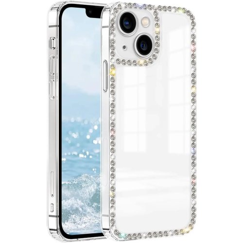 Funda compatible iPhone 11–17 (Pro/Pro Max/Plus) transparente de silicona con glitter y strass, bumper 3D brillante, protección y diseño bling para mujer