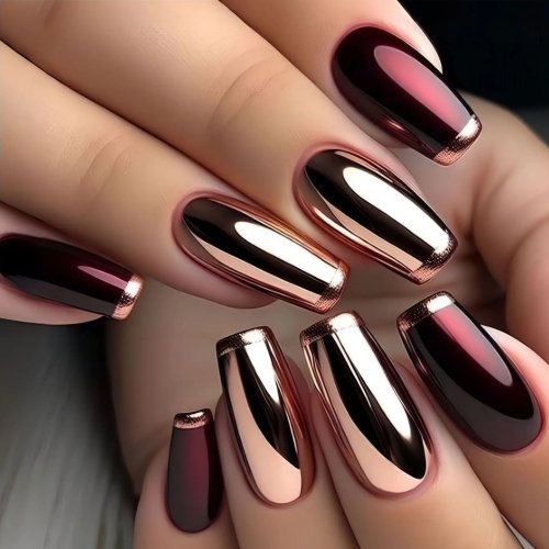 Ongles press-on métalliques de luxe — rouge vin & or rose effet miroir