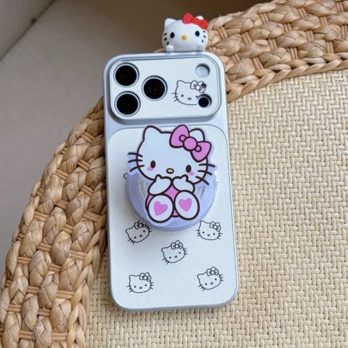 Custodia magnetica 3D Hello Kitty per iPhone 17/16/15/14 Pro Max con supporto e laccetto