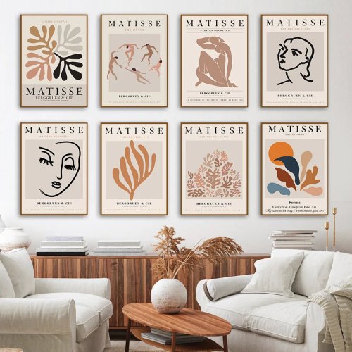 Abstract Matisse-style Woman Line & Coral Leaf Nordic Posters — Canvas Prints for Living Room Wall Art