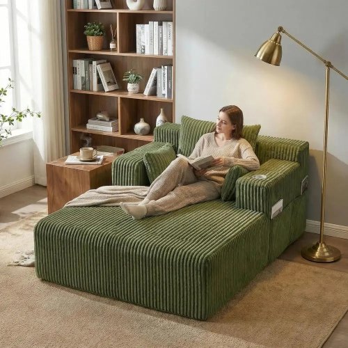 Chaise lounge verde 66 pollici oversize per interno, divano-letto imbottito, 1 portabicchiere e 4 tasche laterali — ideale per spazi piccoli