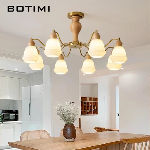 BOTIMI Retro houten kroonluchter – 6/8 glazen kappen, hanglamp voor woonkamer, slaapkamer, eetkamer en keuken
