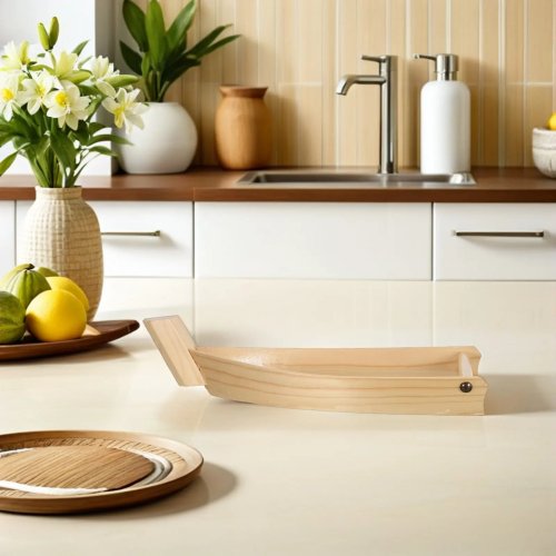 Grand plateau «bateau» à sushi en bois sculpté à la main, compatible contact alimentaire — présentoir sashimi/poisson pour restaurant et réception