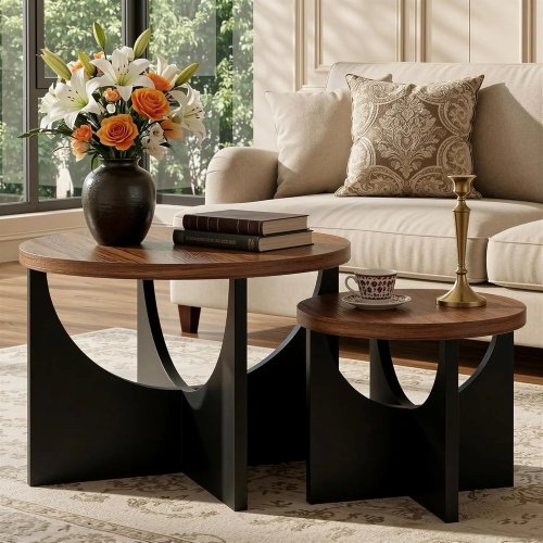Nesting coffee tables set of 2, 23.6 in (60 cm) round wooden side/end tables, space-saving walnut finish
