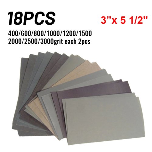 Conjunto 18 folhas de lixa (granulação 400–3000) molhado/seco para madeira e polimento de metal