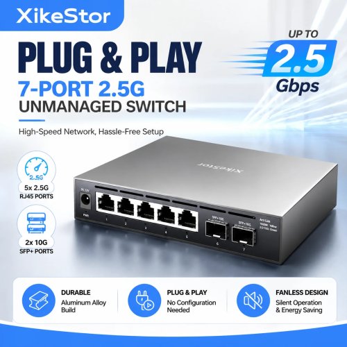 XikeStor SKS1200-5E2X Switch Ethernet non géré — 5 ports RJ45 2,5G + 2× SFP+ 10G, pour réseau d'entreprise
