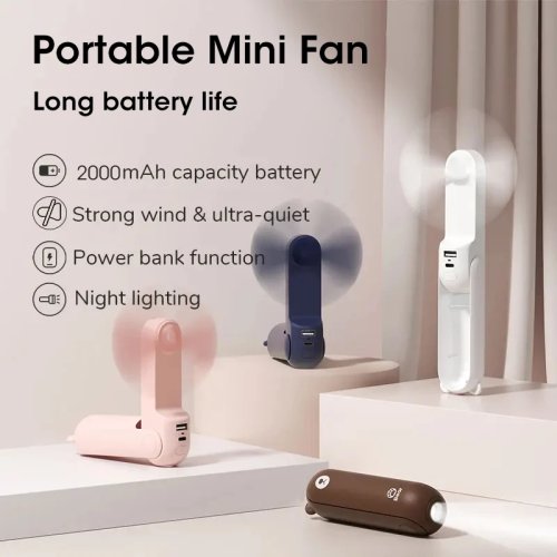 USB充電式ポータブルミニ扇風機 2000mAh — 手持ち・ポケットサイズ、モバイルバッテリー機能付きで長持ちバッテリー