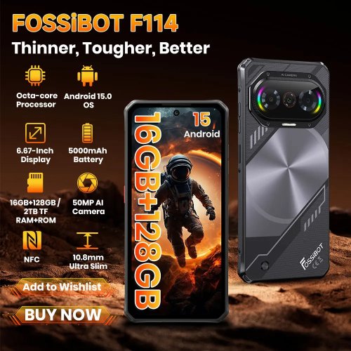 FOSSIBOT F114 タフネススマホ — Unisoc T615 4G、RAM 4+12GB（合計16GB）＋128GB、50MP AIカメラ、5000mAh 18W、Android 15、IP68/IP69K