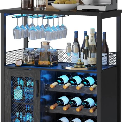 Meuble à vin rustique noir avec casier à bouteilles, porte-verres et étagères réglables — table de rangement pour cuisine
