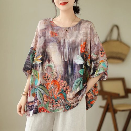 T‑shirt femme grande taille coton‑lin col rond coupe ample été style ethnique longueur normale