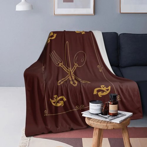 Just Add Magic Utensils Gold-Trim Flannel Throw Blanket – Bedspread for Bed, Living Room Sofa, Picnic & Travel