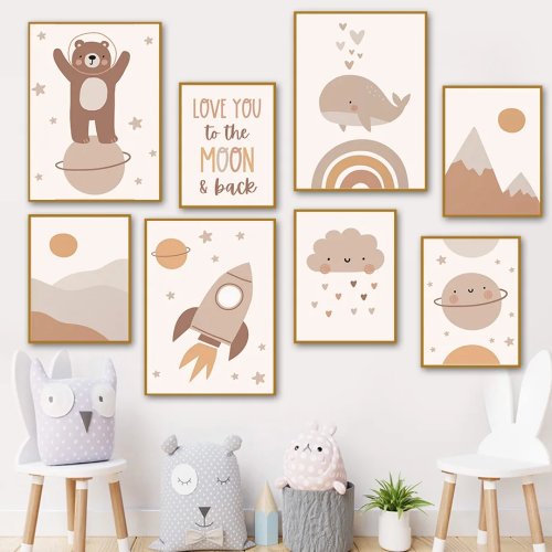 Tranh canvas không khung phong cách boho cho phòng bé – gấu / cá voi / tên lửa / hành tinh / mặt trời / cầu vồng, trang trí tường Bắc Âu