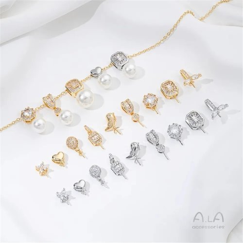 Dây chuyền mặt mạ vàng 14K đính đá zircon – kiểu hình học, chim, cỏ bốn lá, trái tim kèm hạt ngọc