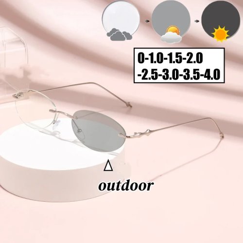 แว่นสายตาแบบไม่มีกรอบ ทรงไข่ (Oval) ปรับสภาพแสงได้ Photochromic สำหรับสายตาสั้น ระยะ -0 ถึง -4.0D ดีไซน์แฟชั่น ใส่ลุคกลางแจ้ง