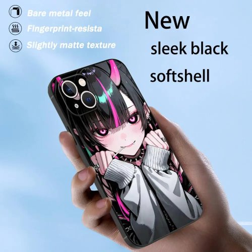 Casing iPhone motif anime ‘demon’ — soft hitam tahan benturan. Cocok untuk iPhone 12/13/14/15/16/17 (Mini/Plus/Pro/Max)
