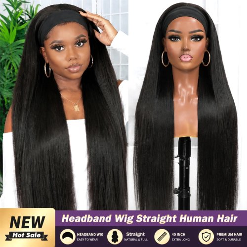Pruik met hoofdband, 200% dichtheid, Braziliaans echt haar, steil — machinaal vervaardigd, direct draagklaar