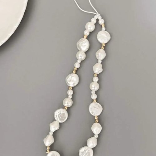 Asymmetric pearl bracelet with gold beads — vintage elegant black matte ceramic look, also doubles as phone charm/keychain/earphone strap