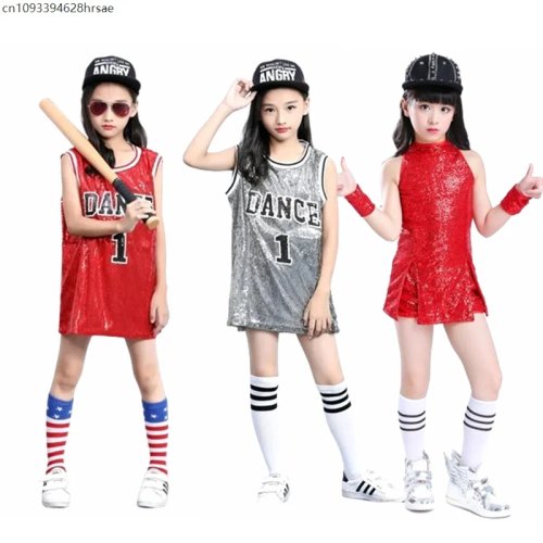 Girls' Sequin Hip-Hop Dance Costume Set – Glitter Tank Top + Socks, Modern Jazz Stage Outfit, Ages 5–12