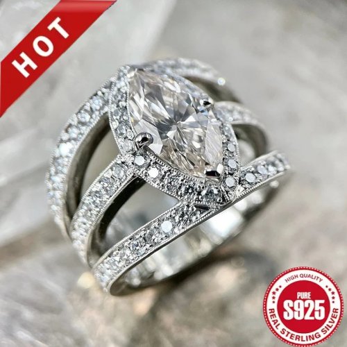 Anillo de plata 925 con circonita talla marquesa, diseño hueco de tres capas, anillo de lujo para dedo índice