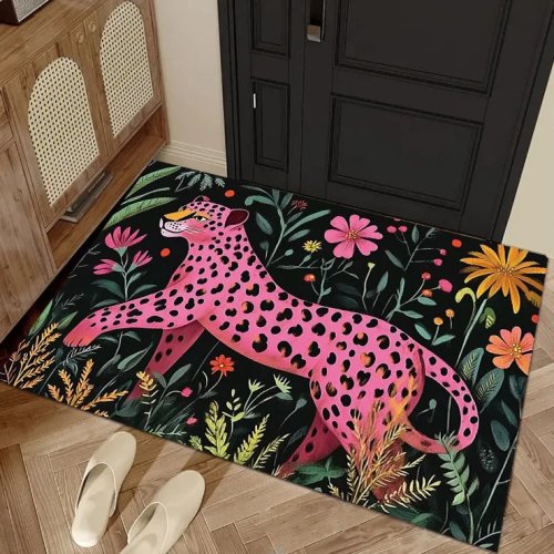 حصيرة مدخل بطبعة Jungle Leopard عصرية، مانعة للانزلاق، بنقش زهور استوائية للممر والمطبخ