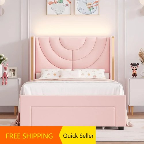 Cama de solteiro (twin) HITHOS estofada em veludo com iluminação LED e gaveta de arrumação, cama infantil com cabeceira envolvente