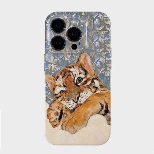 غطاء آيفون أكريليك بتصميم نمر على طراز لوحة زيتية باللون الأزرق — متوافق مع iPhone 17 / 17 Air / 16E / 16 Plus / 15 Pro Max / 14 Plus / 13 / 12 mini / 11 Pro / XR / XS