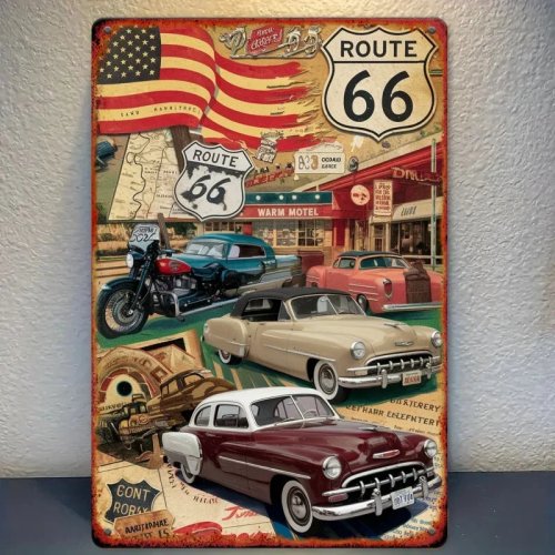 Vintage Route 66 Metallschild – Retro American Roadtrip Wandbild, Oldtimer-Dekoration für die Garage