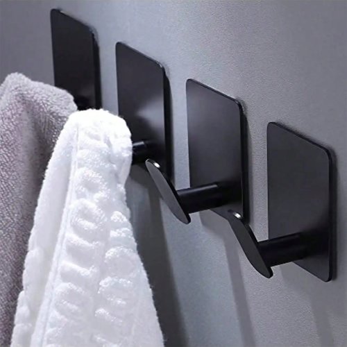 Pack de 2 ganchos adhesivos de acero inoxidable negros, sin taladrar ni marcas, para baño y cocina