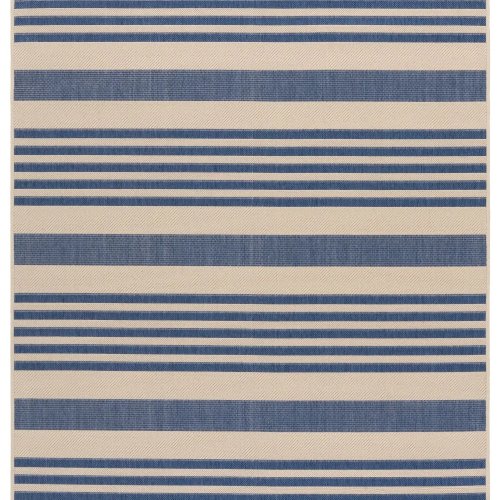 Waterdicht binnen/buiten vloerkleed 160×231 cm beige-blauw gestreept voor terras, balkon, tuin