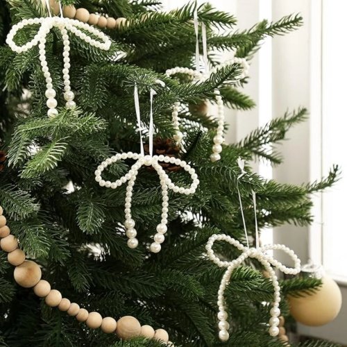 Fiocco con perle bianco per albero di Natale — decorazione da appendere con filo per fissare alle ghirlande, 1 pz