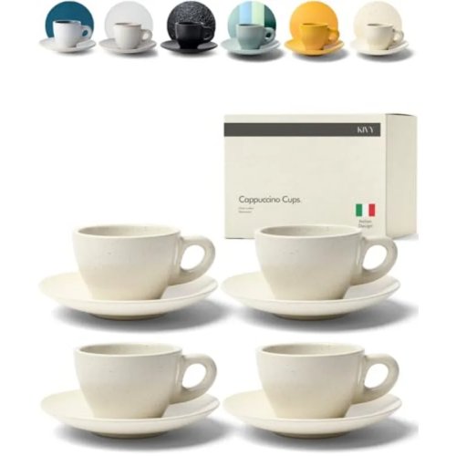 Juego 4 tazas para latte 8 oz de cerámica gruesa con platitos — Para latte art