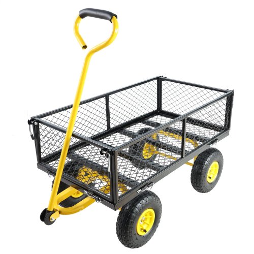 Carro de jardín plegable de malla de acero, capacidad 550 lb (≈250 kg), ruedas de 10 pulgadas, amarillo