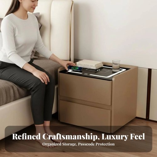 Modern smart nightstand with drawers, coded security lock and built-in LED bedside lighting