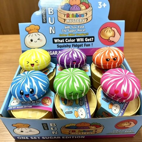 Colorful slow‑rise squeeze "bun" fidget toy with squeak — soft stress‑relief desktop ornament or small bag charm, gift