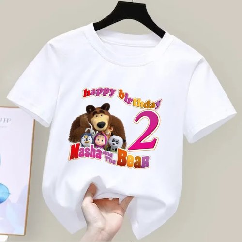Playera infantil Masha y el Oso manga corta para fiesta de cumpleaños — estampado de caricatura, cómoda para verano, ideal como regalo