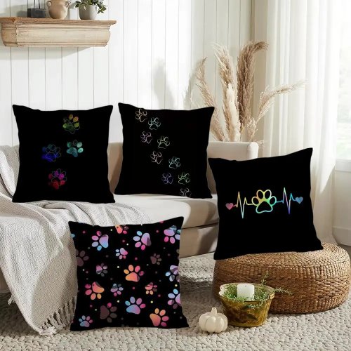 Dog paw print plush cushion cover, short pile, double-sided print, machine washable, warm for winter