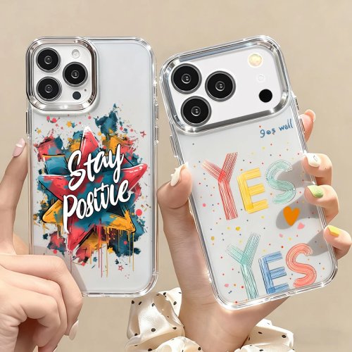 Miękkie silikonowe etui z pozytywnym napisem, metalizowaną ramką aparatu i przezroczystym tyłem — pasuje do iPhone 11 / 13 Pro Max / 14 / 15 / 16 / 16e / 17e / 17 Pro Max