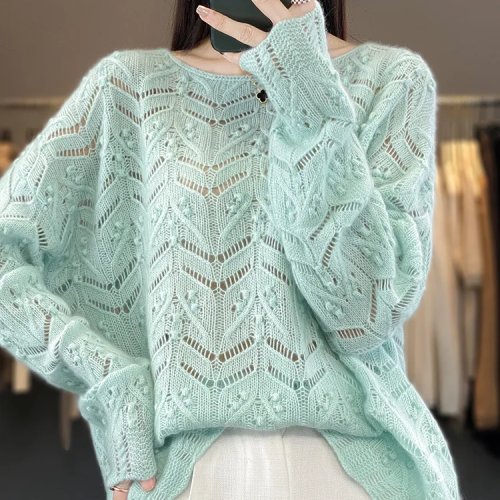 Damen Kaschmirpullover 100% – Lochstrick, O‑Ausschnitt, lässiger, weiter Langarm‑Pullover für Frühling/Herbst