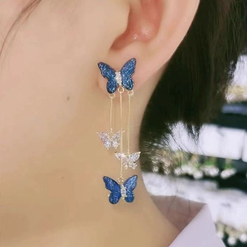 925 silver post blue-purple butterfly long tassel drop earrings with Korean crystals