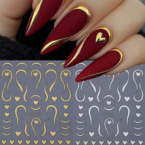 Stiker Kuku Hati 2 pcs dengan Benang Emas & Perak — motif 3D putar dan garis gaya French, self-adhesive untuk nail art DIY, dekorasi Hari Valentine untuk wanita