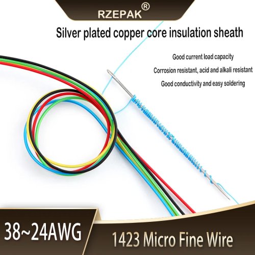 Alambre de cobre plateado PTFE (5/10/50 m) — unipolar, alta temperatura, AWG 38/36/34/30/28/26/24