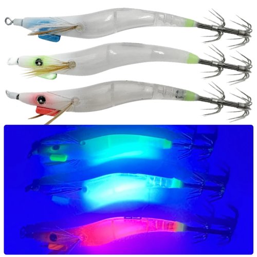 Umpan Kayu Egi Glow UV untuk Cumi dan Udang - Dilengkapi Kail Squid-Jig