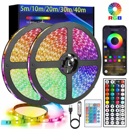 RGB LED Strip Light 5050 — 5/10/20/40m, USB & Bluetooth control, TV backlight and decorative ambient lighting for game room, party, home