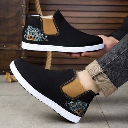 Scarpe alte uomo ricamate invernali, fodera in peluche e cotone spesso — stile casual