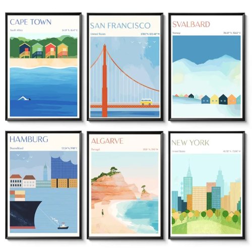 Tranh in canvas tối giản — Cảnh thành phố Hamburg, Cape Town và bãi biển Saimaa (Phần Lan) — Trang trí tường cho văn phòng, người mê du lịch