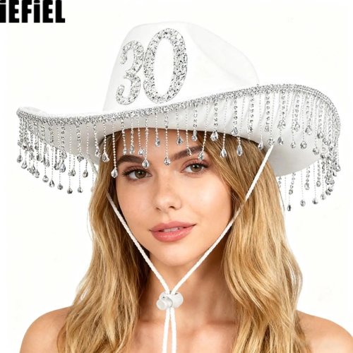 Damski kapelusz cowgirl western z brokatem, cyrkoniami i chwostami – na 30. urodziny