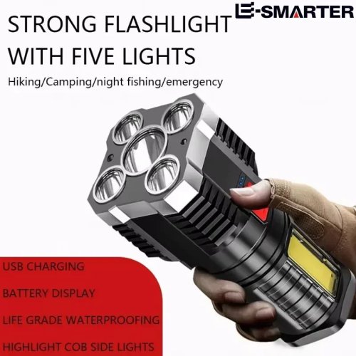 Linterna recargable 5 LED de alta potencia con luz lateral, 3 modos para camping y actividades al aire libre