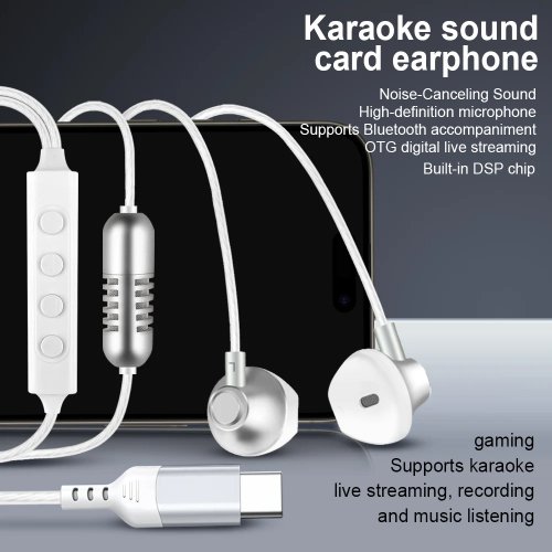 Auriculares con cable USB‑C y tarjeta de sonido integrada, in‑ear Hi‑Fi, micrófono y control de volumen — para karaoke, streaming, grabación, gaming y música